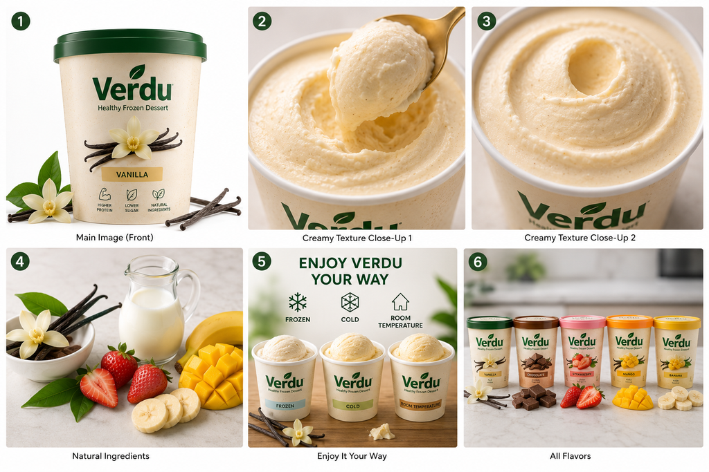 Verdu Healthy Frozen Dessert – 6 Cups Variety Pack , Verdu High Protein Frozen Dessert – 6 Cup Pack